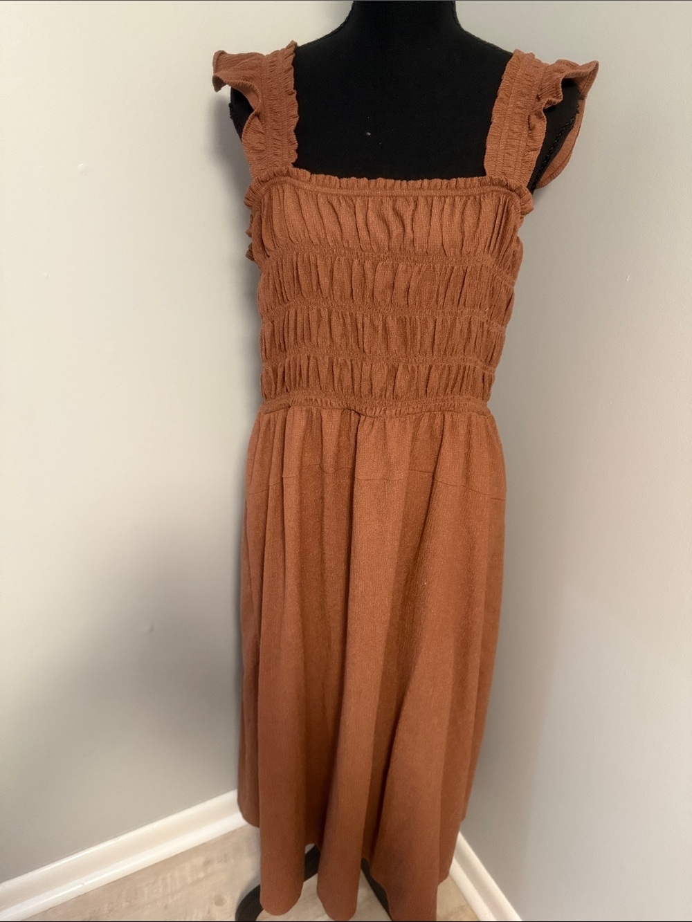 Old Navy Rust Smocked Midi Dress with Ruffled Straps - Picture 2 of 3